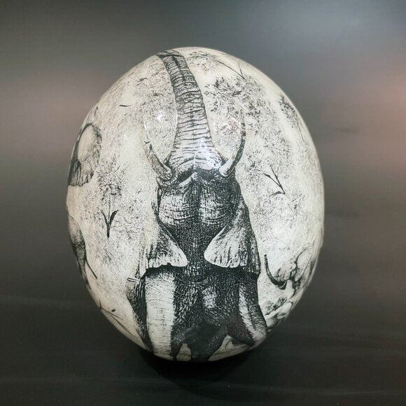Ostrich Egg with Hand Drawn African Elephants. 5.5" x 5.5" x 7.5" - Picture 2 of 7